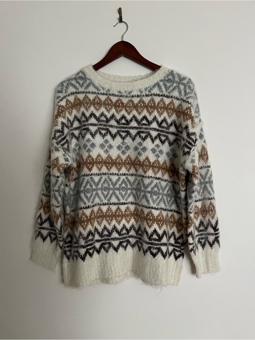 a.n.a Cream Fair Isle Cowlneck Sweater with Gray & Brown Motifs